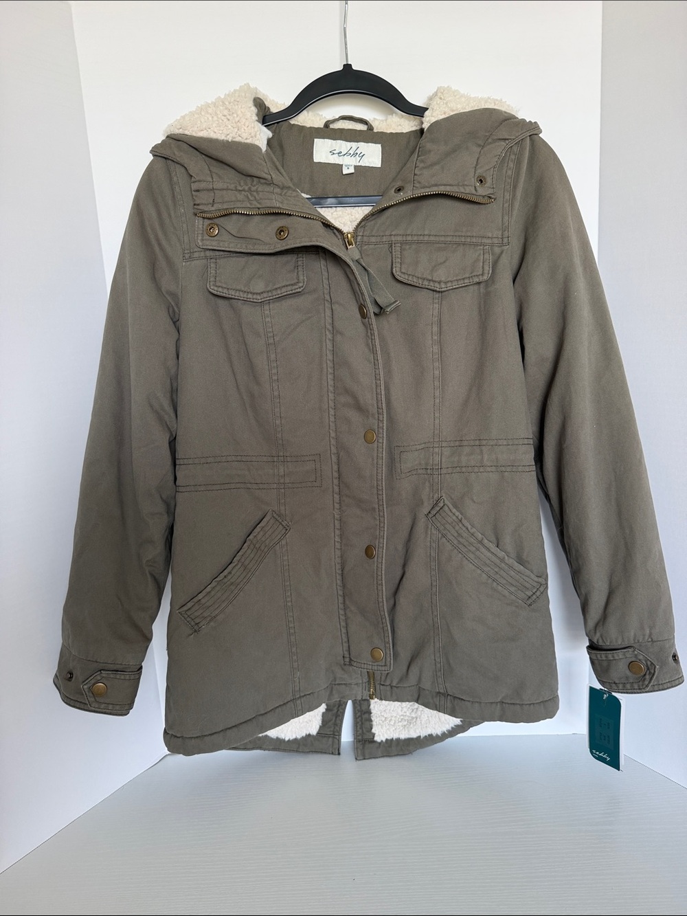 Sebby Olive Utility Jacket with Sherpa Hood